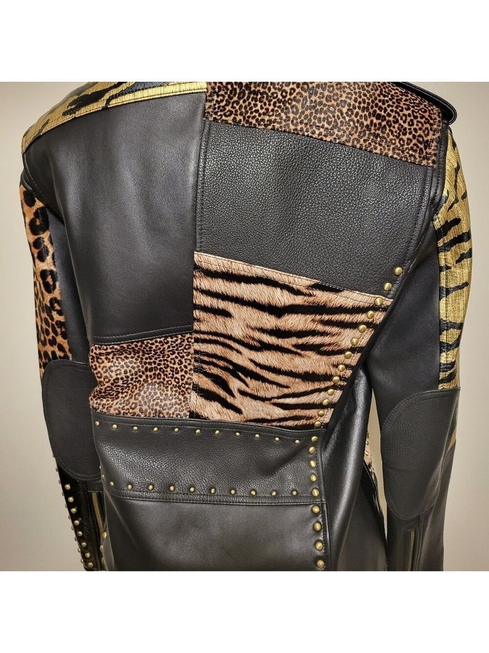Michael Kors Leather Belt Jacket Chettah Animal Print Fur Studded Biker Jacket - Picture 9 of 16